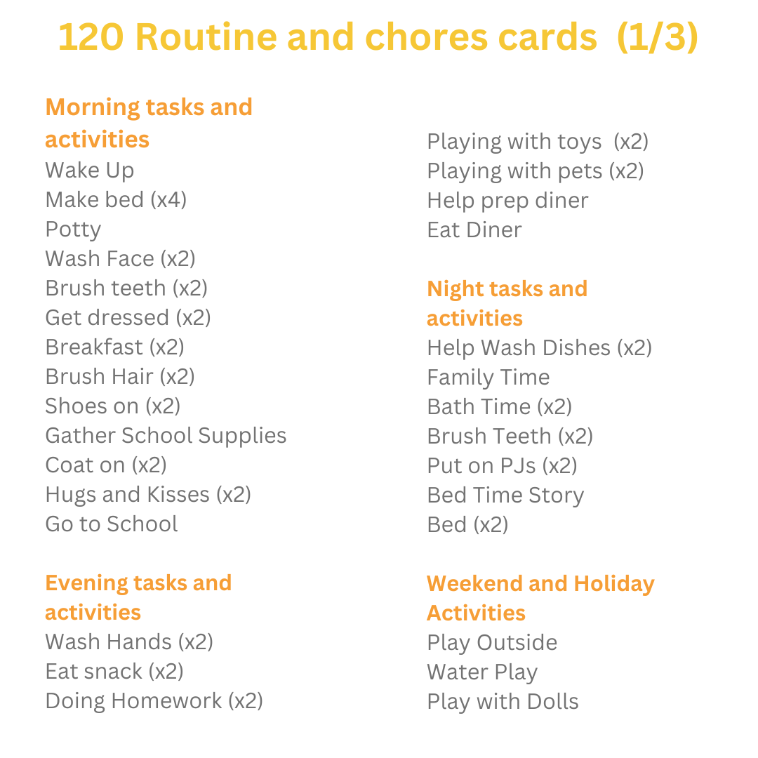 Kids Routine & Chore Cards + Visual Charts (120 Cards + 5 Charts)