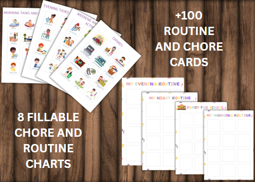 Kids Routine & Chore Cards + Visual Charts (120 Cards + 5 Charts)