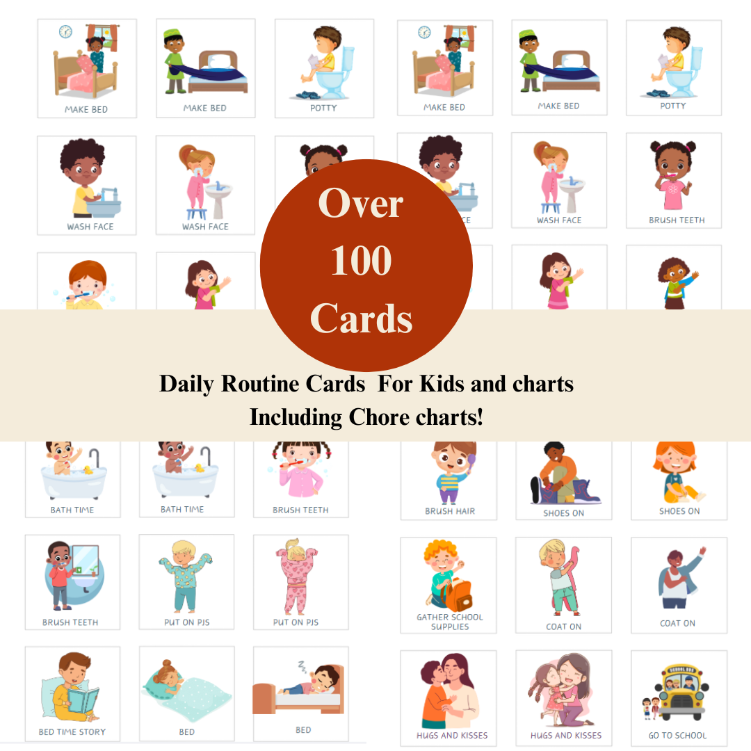 Kids Routine & Chore Cards + Visual Charts (120 Cards + 5 Charts)