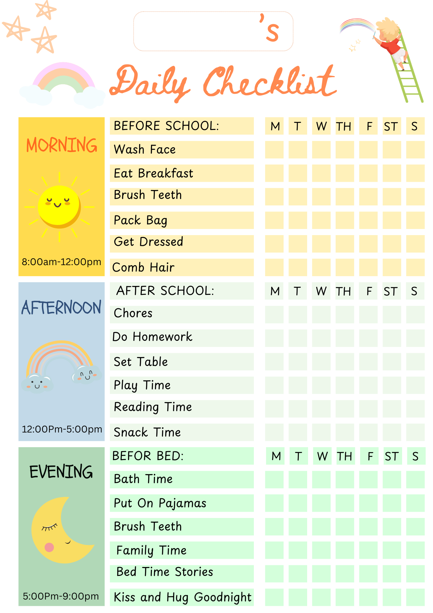 Kids Daily School Checklist, Responsibility Chart, To Do List