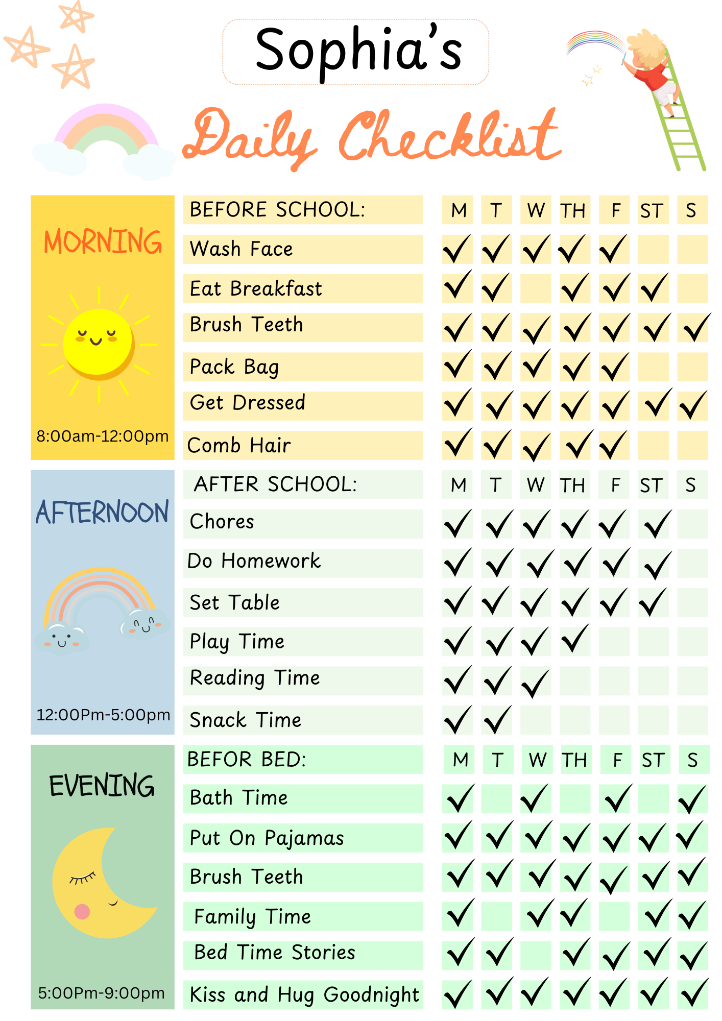 Kids Daily School Checklist, Responsibility Chart, To Do List